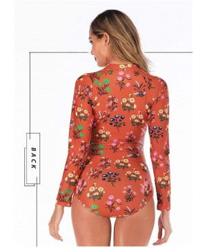 Women's One Piece Swimsuits Zip up Floral Long Sleeve Rash Guard Swimwear - Orange-3 - CD185NZ5I3G $32.37-Rash Guards