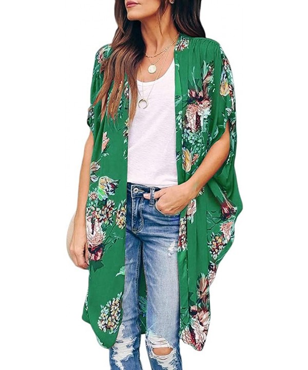 Womens Floral Kimono Duster Lightweight Cardigans Short Sleeve Draped Oversized Beach Cover Up Cape - Green - CL194OZUHCC $24...