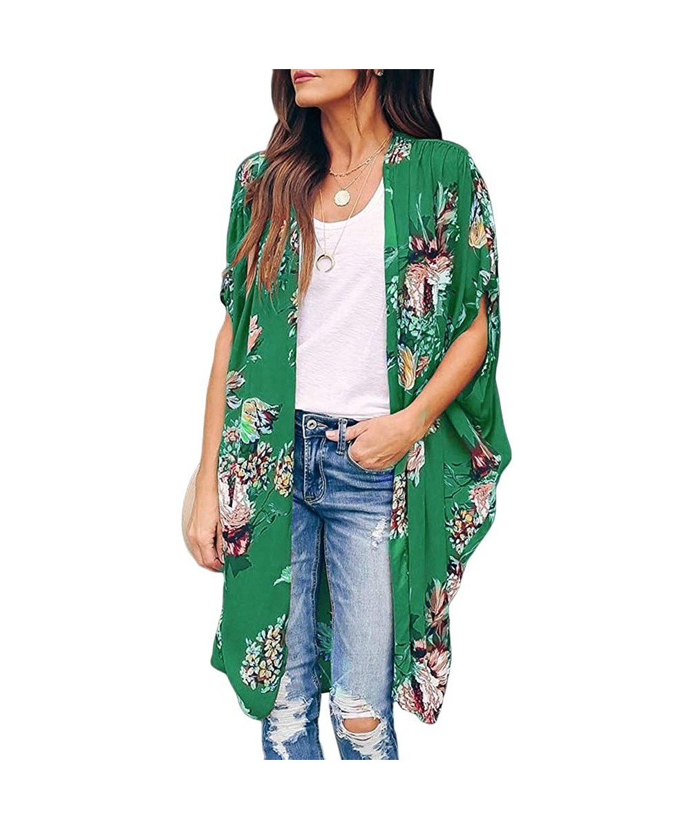 Womens Floral Kimono Duster Lightweight Cardigans Short Sleeve Draped Oversized Beach Cover Up Cape - Green - CL194OZUHCC $24...