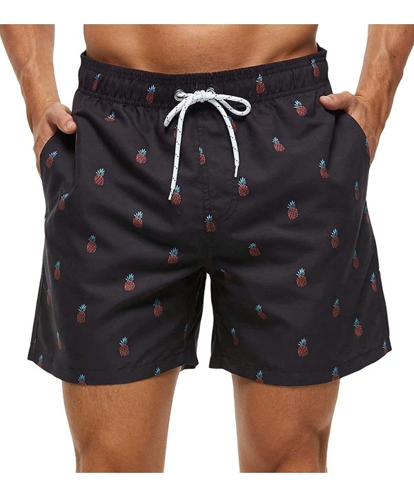 Mens Printed Swim Trunks Quick Dry Beach Shorts with Mesh Lining - B03 Pineapple Black - CK193OXO4O7 $24.40-Trunks