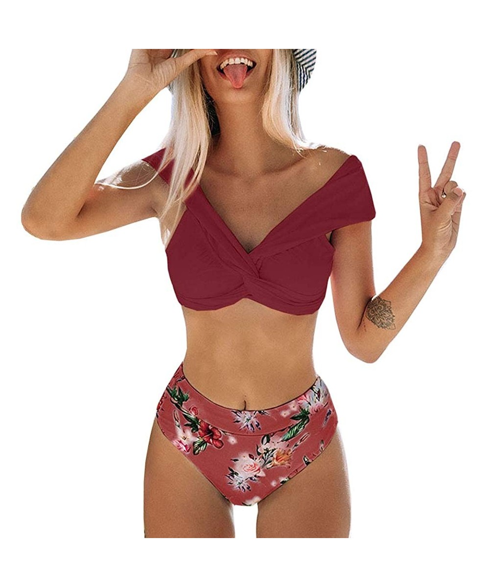 Women Bikini Set Floral High Waist Front Twist Swimsuit Padded Push Up Bathing Suits - Wine Red - CA1925LN9YT $14.91-Sets