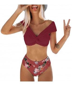 Women Bikini Set Floral High Waist Front Twist Swimsuit Padded Push Up Bathing Suits - Wine Red - CA1925LN9YT $14.91-Sets