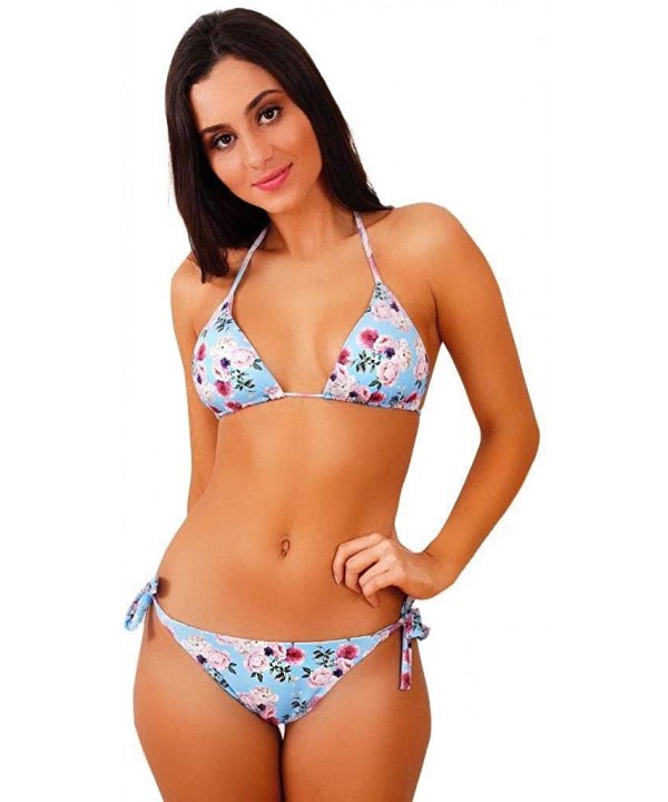 Blue Rose Bush Brazilian Tie Side Scrunch Bikini Bottom - C0194H7DXKG $38.92-Tankinis