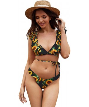 Women's Ruffle Two Piece High Waisted Swimsuits Push Up Tropical Print Bikini Sets - B Black - C8195ET38CC $13.27-Sets