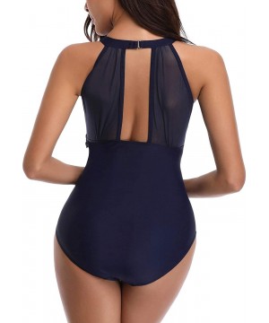 Womens One Piece Swimsuits for Women Tummy Control Swimwear High Neck Mesh V Neck Ruched Monokini Bathing Suits - 02navyblue ...