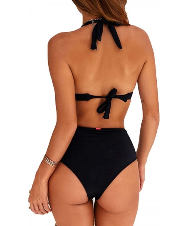 Women's Sexy Self Tie Halter High Waisted Bandage 2PCS Bikini Set Swimsuit - Black - CW18Q2TA3TD $15.35-Sets