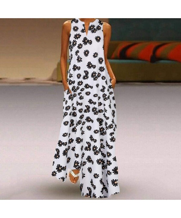 Women's Sleeveless V-Neck Long Tank Dress Vintage Print Summer Boho Casual Loose Party Maxi Dresses - Z5-white - C519C687UQG ...