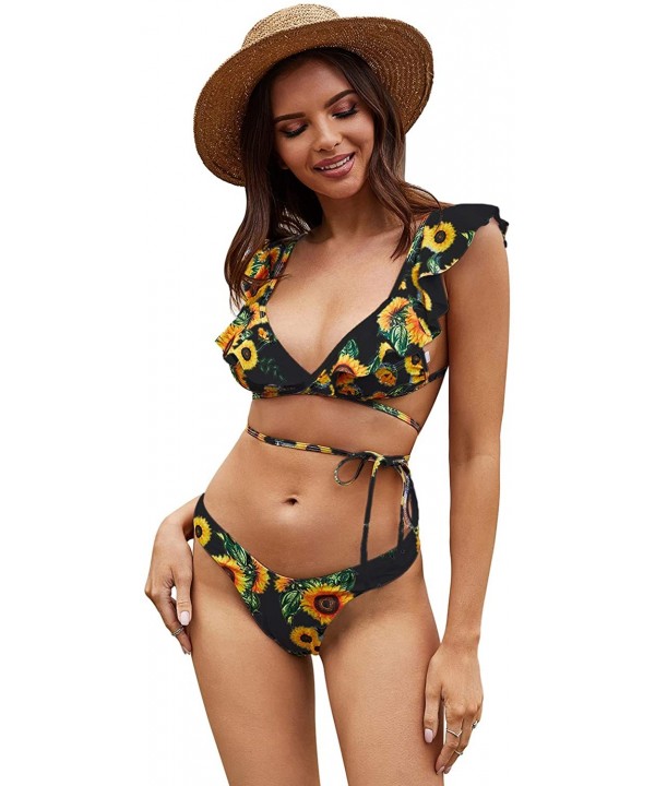 Women's Ruffle Two Piece High Waisted Swimsuits Push Up Tropical Print Bikini Sets - B Black - C8195ET38CC $13.27-Sets