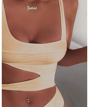 Women Sexy Spaghetti Strap Halter Solid Cutout One Piece Bandage Swimwear - Apricot - CC196CMO0U2 $22.75-One-Pieces