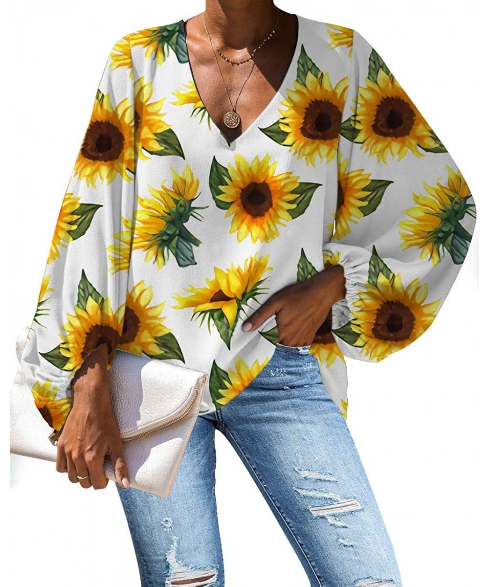 Deep V Neck Tops and Blouses for Work Sunflower Cover Up Batwing Long Sleeve Loose Shirts - Sunflower 6 - C81932CQ8IZ $22.78-...