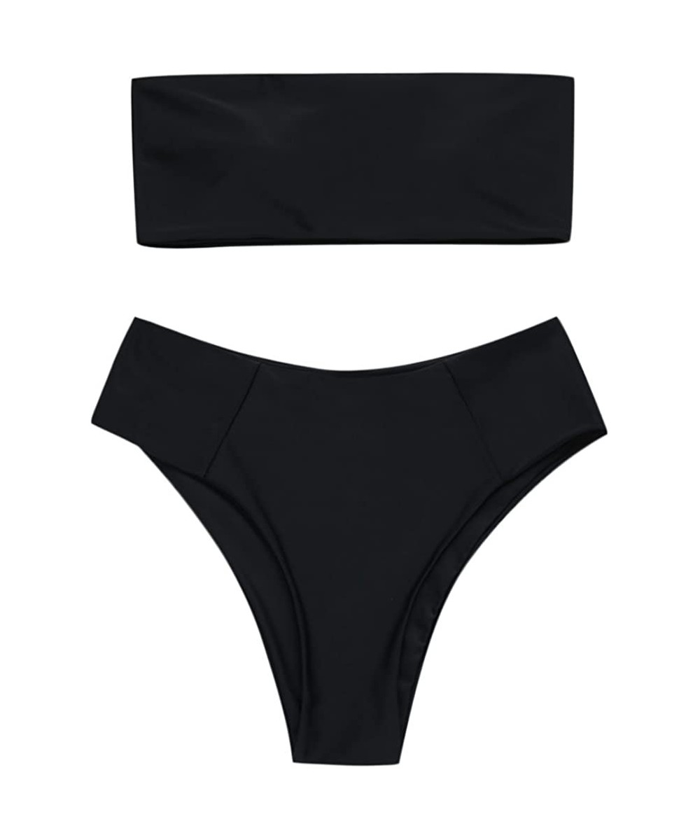 Women Tube Swimwear Suit Ribbed High Cut Bandeau Bikini Female Solid Color Beachwear - Black - CC18T8MDKZ2 $20.15-Sets