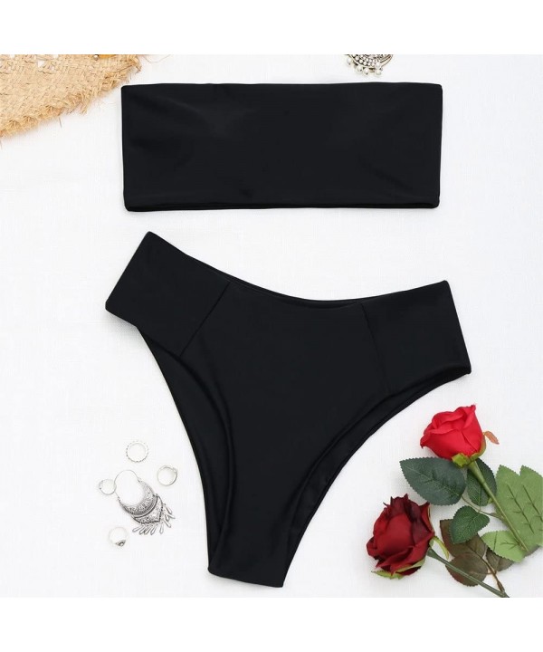 Women Tube Swimwear Suit Ribbed High Cut Bandeau Bikini Female Solid Color Beachwear - Black - CC18T8MDKZ2 $20.15-Sets