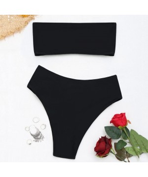 Women Tube Swimwear Suit Ribbed High Cut Bandeau Bikini Female Solid Color Beachwear - Black - CC18T8MDKZ2 $20.15-Sets