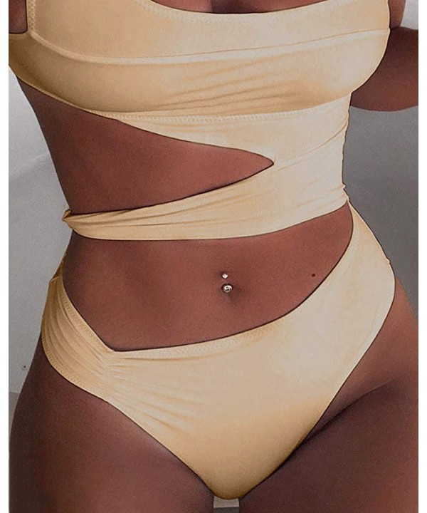 Women Sexy Spaghetti Strap Halter Solid Cutout One Piece Bandage Swimwear - Apricot - CC196CMO0U2 $22.75-One-Pieces