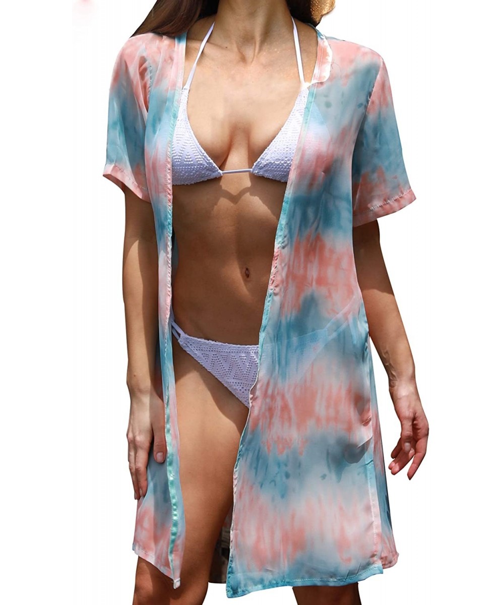 Women's Chiffon Kimono Cardigan Cover Up with Half Sleeve Summer Sheer Beachwear Swimsuit for Bikini Blue Pink Tie Dye - CR19...