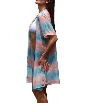 Women's Chiffon Kimono Cardigan Cover Up with Half Sleeve Summer Sheer Beachwear Swimsuit for Bikini Blue Pink Tie Dye - CR19...