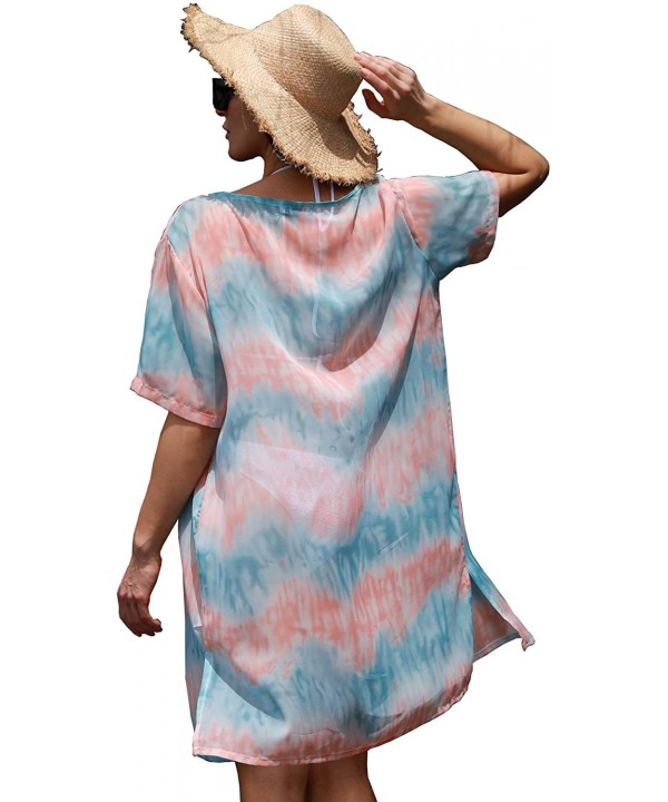 Women's Chiffon Kimono Cardigan Cover Up with Half Sleeve Summer Sheer Beachwear Swimsuit for Bikini Blue Pink Tie Dye - CR19...