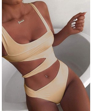 Women Sexy Spaghetti Strap Halter Solid Cutout One Piece Bandage Swimwear - Apricot - CC196CMO0U2 $22.75-One-Pieces