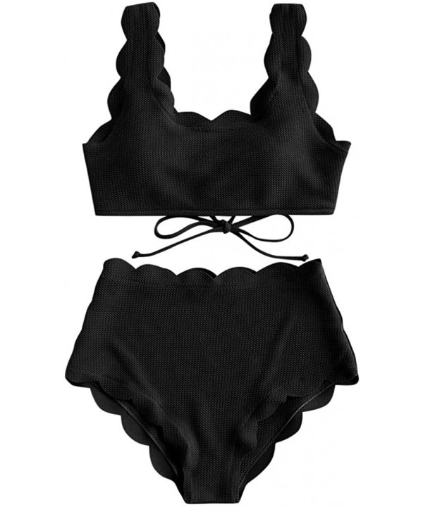 Women's Two Piece Bathing Suit Padded Push Up Bikini Set Scalloped Trim Swimwear High Waisted Lace-up Beachwear Swimsuit - Bl...