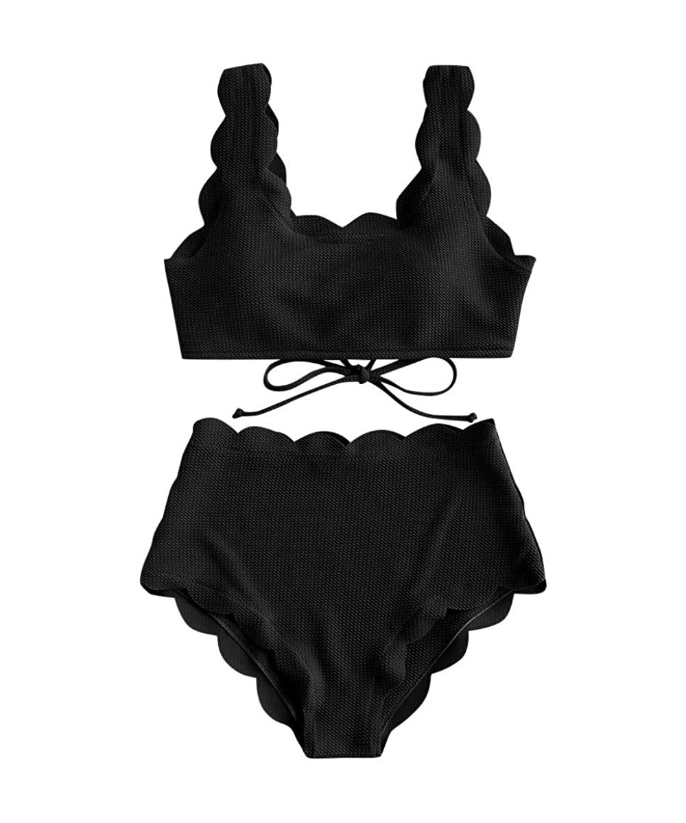 Women's Two Piece Bathing Suit Padded Push Up Bikini Set Scalloped Trim Swimwear High Waisted Lace-up Beachwear Swimsuit - Bl...