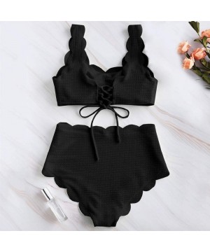 Women's Two Piece Bathing Suit Padded Push Up Bikini Set Scalloped Trim Swimwear High Waisted Lace-up Beachwear Swimsuit - Bl...