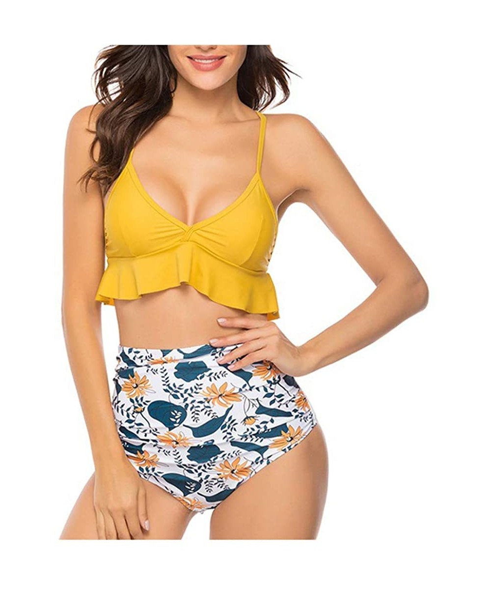 Women Bikini Sets High Waisted Halter Swimsuit Flounce Ruffled 2 Pieces Ladies Swimwear Bathing Suits - Yellow - CX1956NLQGO ...