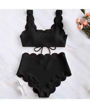 Women's Two Piece Bathing Suit Padded Push Up Bikini Set Scalloped Trim Swimwear High Waisted Lace-up Beachwear Swimsuit - Bl...