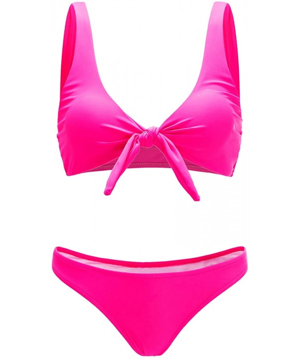 Women's Sexy Bikini Swimsuit Plaid Print Tie Knot Front Thong Bottom Swimwear Set - 0hot Pink - CI19D8CO8H6 $17.09-Sets