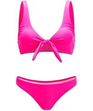 Women's Sexy Bikini Swimsuit Plaid Print Tie Knot Front Thong Bottom Swimwear Set - 0hot Pink - CI19D8CO8H6 $17.09-Sets