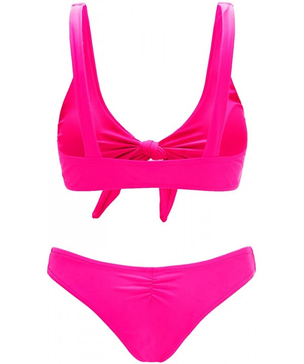 Women's Sexy Bikini Swimsuit Plaid Print Tie Knot Front Thong Bottom Swimwear Set - 0hot Pink - CI19D8CO8H6 $17.09-Sets