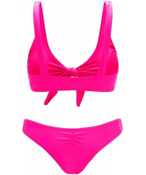 Women's Sexy Bikini Swimsuit Plaid Print Tie Knot Front Thong Bottom Swimwear Set - 0hot Pink - CI19D8CO8H6 $17.09-Sets