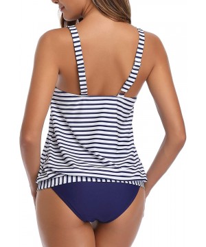 Blouson Tankini Swimsuits for Women Loose Fit Floral Printed Two Piece Bathing Suits - Blue Stripe - CR18UNXCZO3 $31.70-One-P...