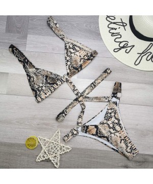 Women Bikini Set Hollow Out Ring Decor Criss Cross Bandage High Cut Bottom Two Piece Swimsuit - Brown - CF195I0X3RU $13.47-Sets