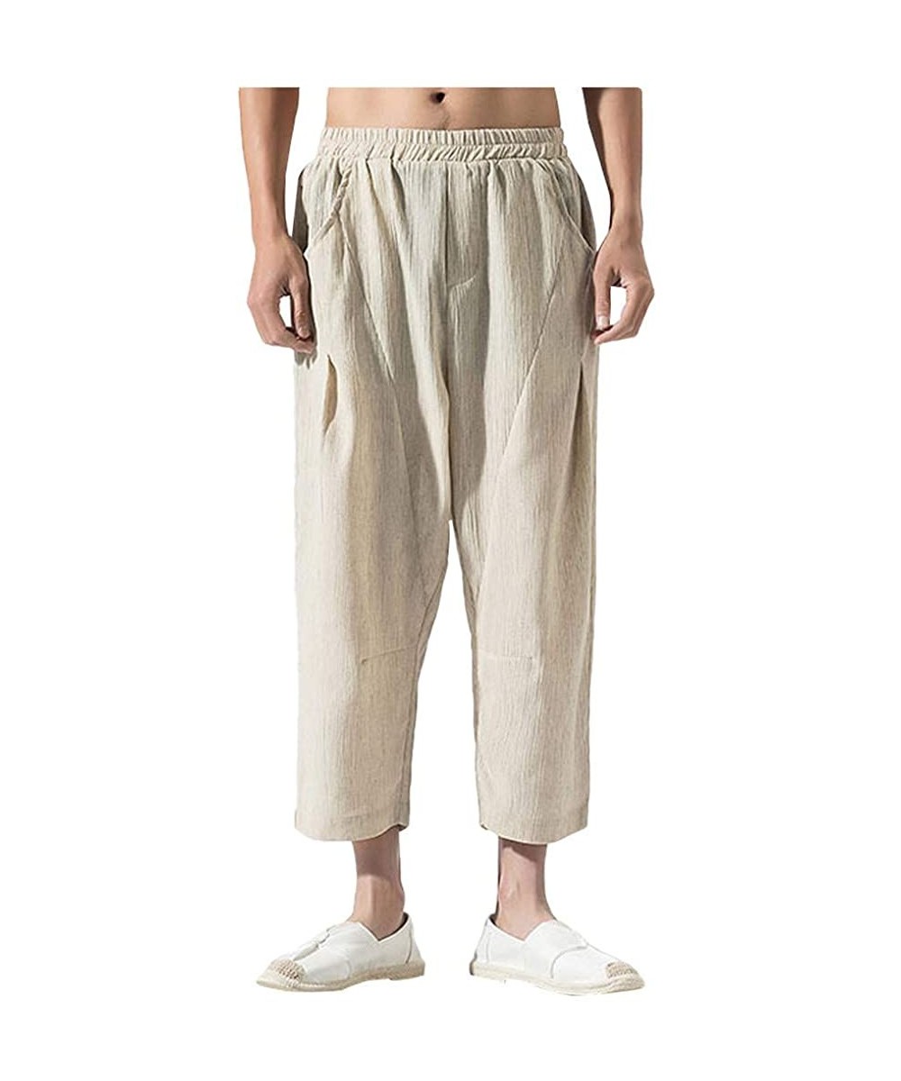 Mens Pants Linen Classic-Fit Pants Elastic Waist Casual Loose 3/4 Trouser with Big Pockets - Khaki - CX18UYTWRRE $24.93-Rash ...