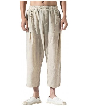 Mens Pants Linen Classic-Fit Pants Elastic Waist Casual Loose 3/4 Trouser with Big Pockets - Khaki - CX18UYTWRRE $24.93-Rash ...