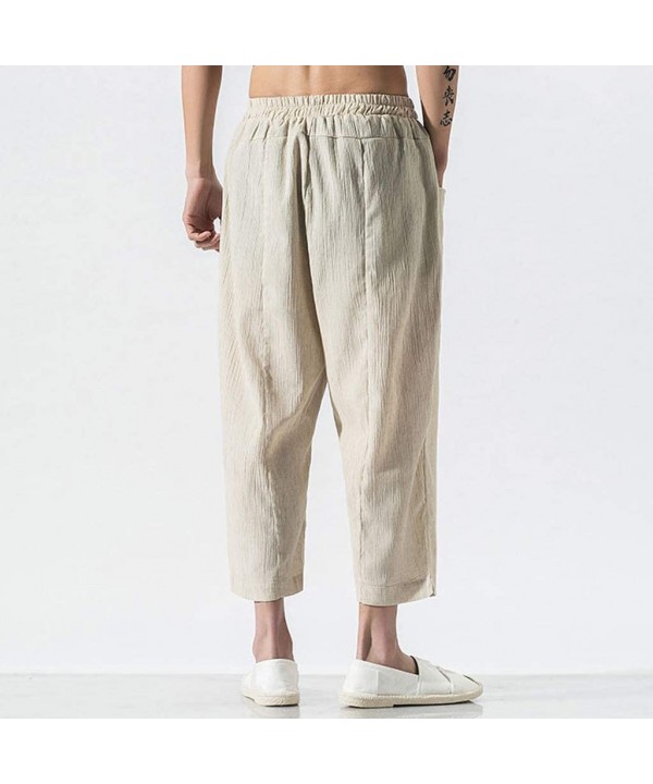 Mens Pants Linen Classic-Fit Pants Elastic Waist Casual Loose 3/4 Trouser with Big Pockets - Khaki - CX18UYTWRRE $24.93-Rash ...