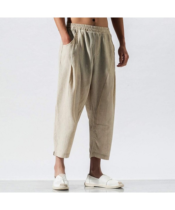 Mens Pants Linen Classic-Fit Pants Elastic Waist Casual Loose 3/4 Trouser with Big Pockets - Khaki - CX18UYTWRRE $24.93-Rash ...