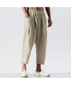 Mens Pants Linen Classic-Fit Pants Elastic Waist Casual Loose 3/4 Trouser with Big Pockets - Khaki - CX18UYTWRRE $24.93-Rash ...