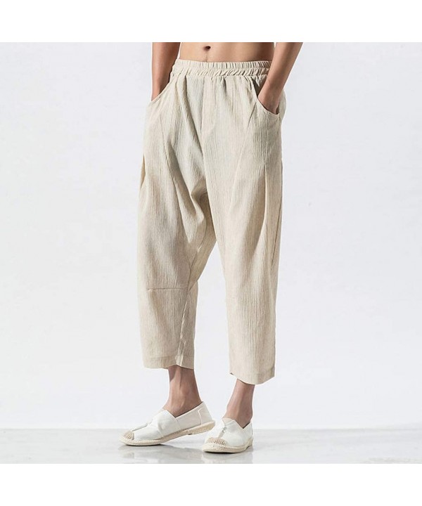 Mens Pants Linen Classic-Fit Pants Elastic Waist Casual Loose 3/4 Trouser with Big Pockets - Khaki - CX18UYTWRRE $24.93-Rash ...