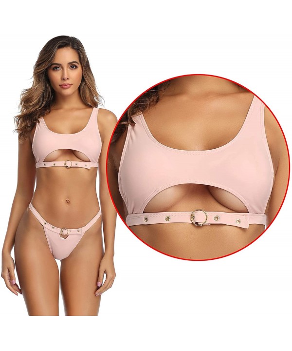 High Neck Bikini Brazilian Bikinis Sexy Swimsuits for Women High Cut Bathing Suit Women Belt Swimwear Pink Pink Top - CU1906O...