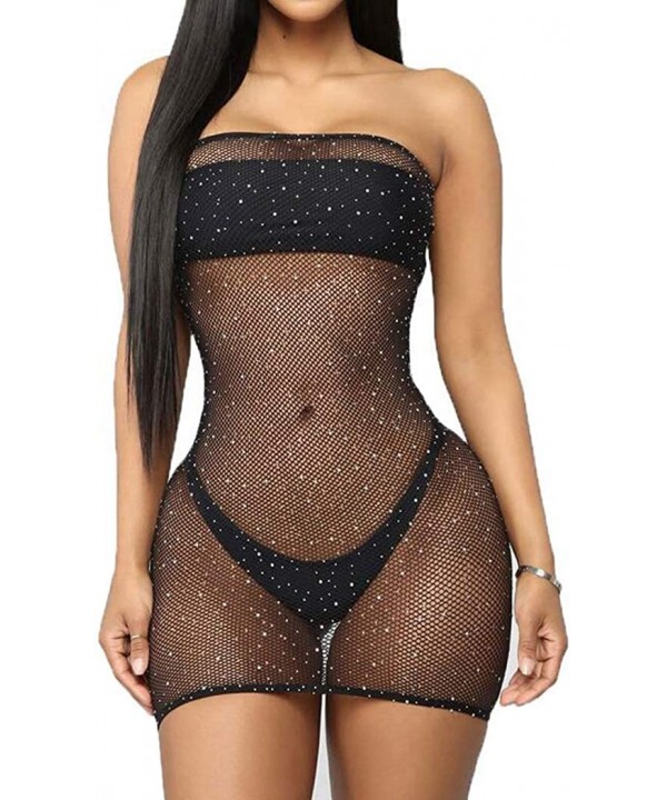 Women Fishnet Mini Tube Dress Bodycon Rhinestone Mesh Stretch Lingerie Dresses Bikini Cover Up - Black - CQ194XI4C3A $9.98-Co...