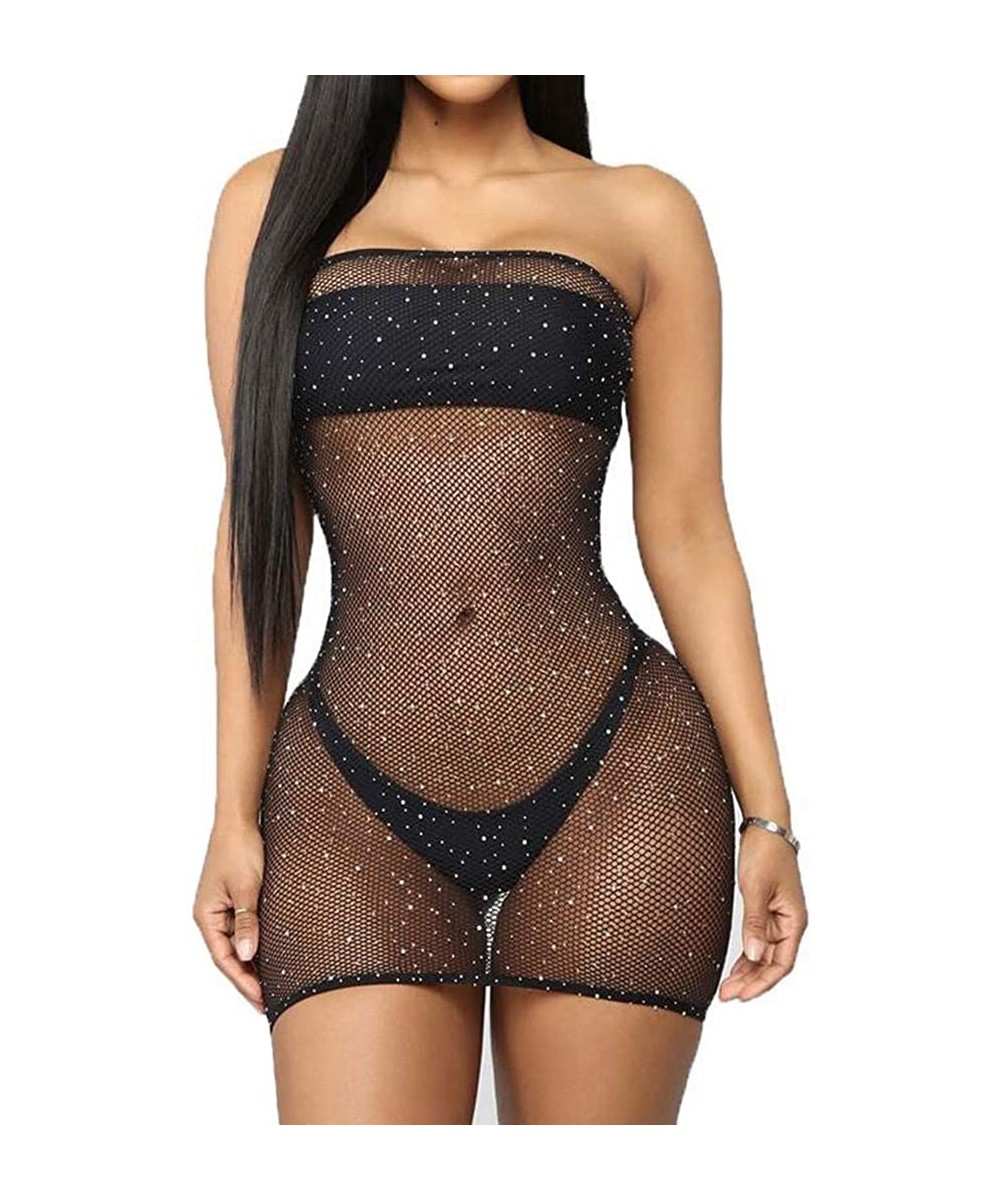 Women Fishnet Mini Tube Dress Bodycon Rhinestone Mesh Stretch Lingerie Dresses Bikini Cover Up - Black - CQ194XI4C3A $9.98-Co...