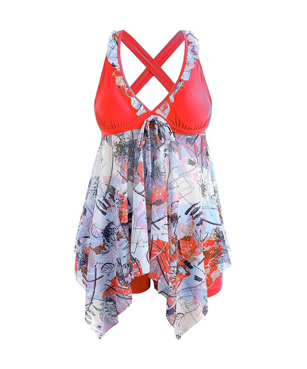 V Neck Floral Bikini Tops Sexy Women Swimsuit Swimwear Shorts Two Piece - Red - C118RA36K4K $21.16-Sets